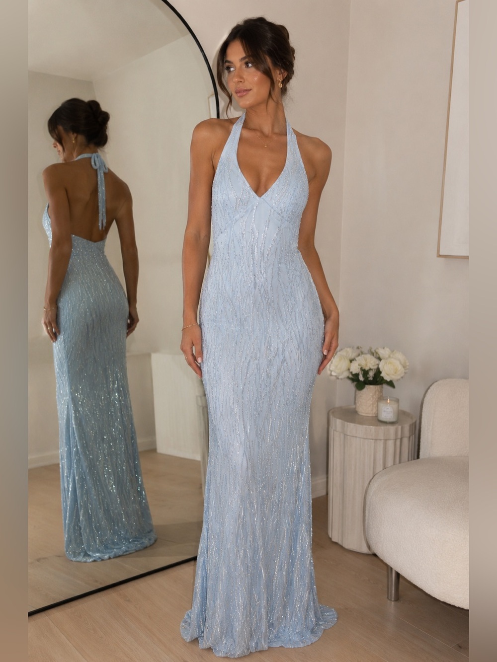 Elegant Halter Sequin Light Blue Evening Gown-| size XS